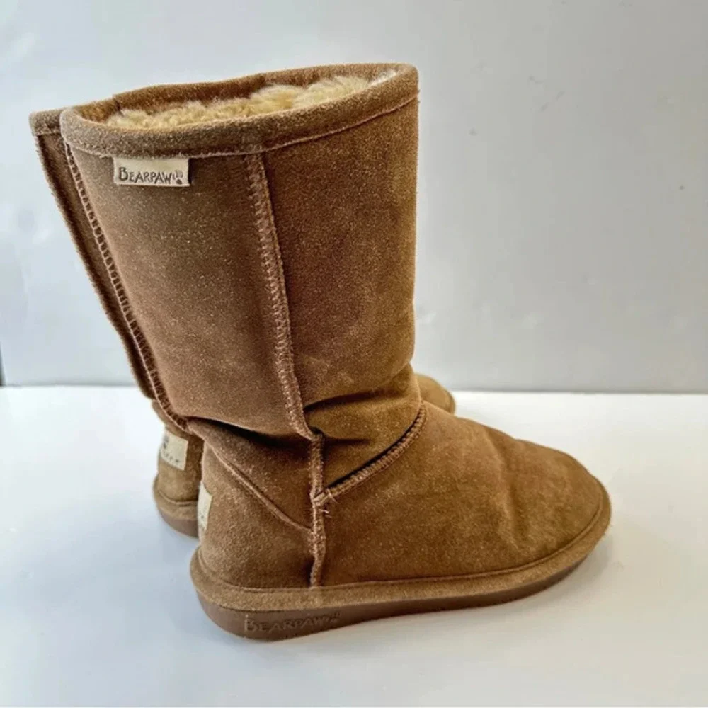 Bearpaw Emma‎ Boots Womens Size 5 Suede Sheepskin Lined Wool Blend Tan Brown